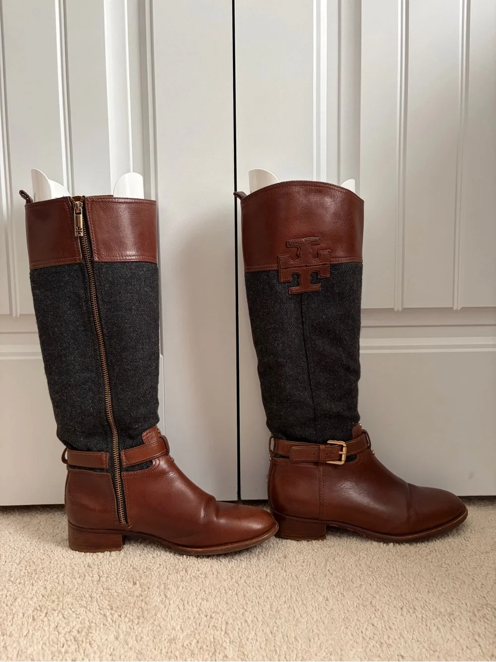 Tory Burch Blaire Low Heel Tall Riding Boots Brown Leather Gray Women's Size 8 M